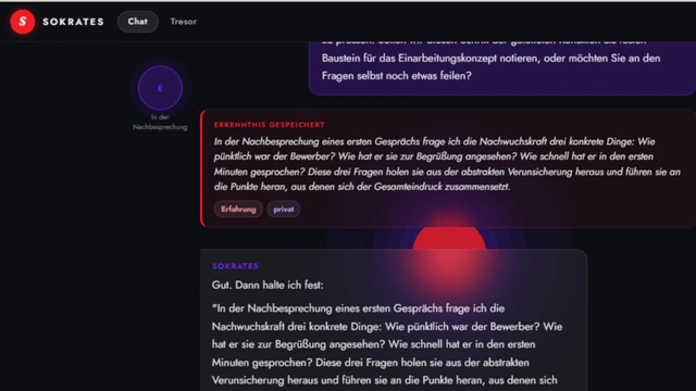 SOKRATES hält die Erkenntnis fest: drei konkrete Fragen für die Nachbesprechung eines ersten Gesprächs, gespeichert und als Erfahrung gekennzeichnet.